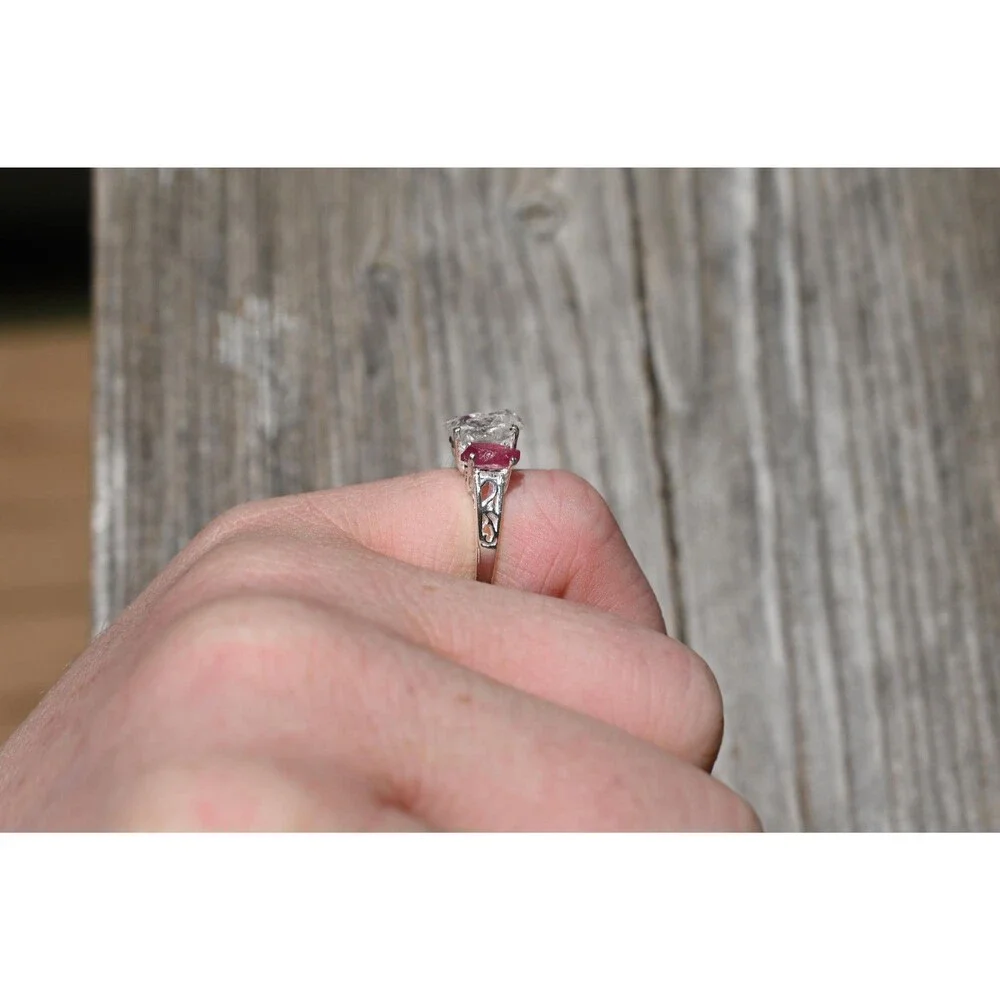 Engagement ring Raw Crystal  with Pink Tourmaline and Quartz Handmade Silver Thr